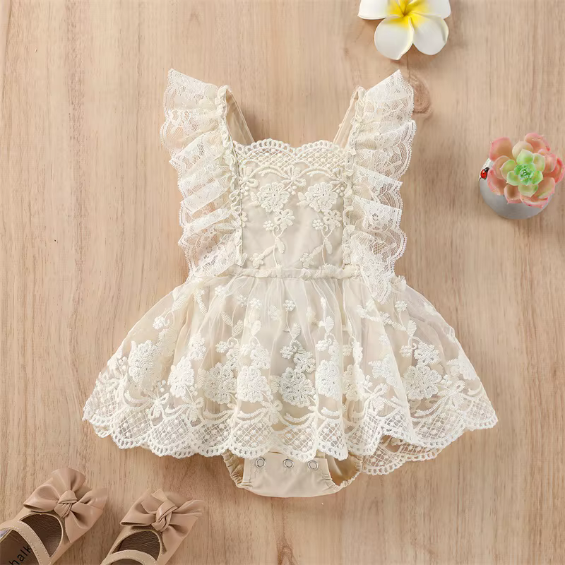 Vêtements d'été pour bébé fille, couleur unie, à volants, manches volantes, barboteuse en dentelle, 