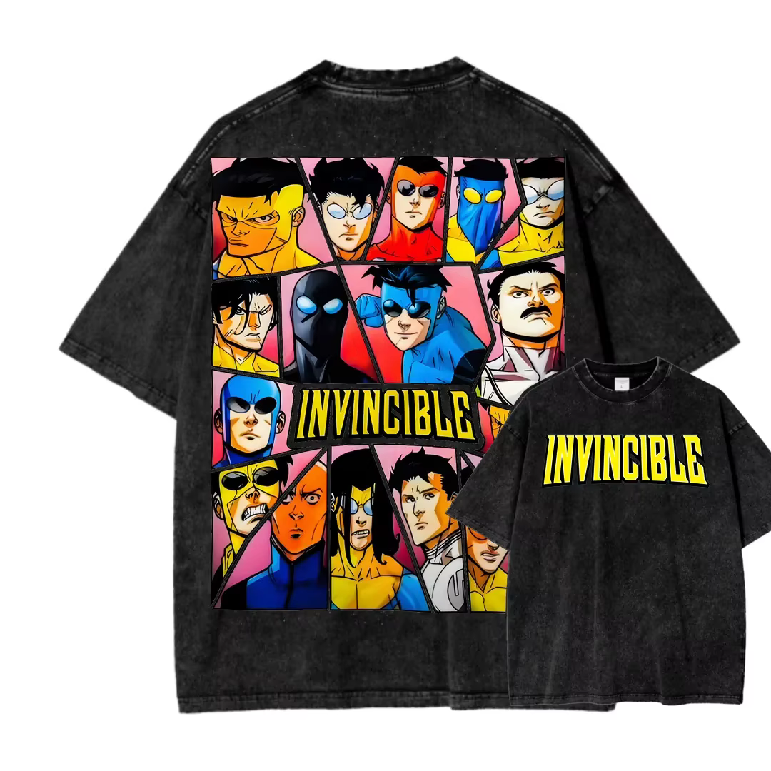 T-shirt en coton à col rond imprimé graphique d'anime de super-héros Invincible, nouveau style tenda