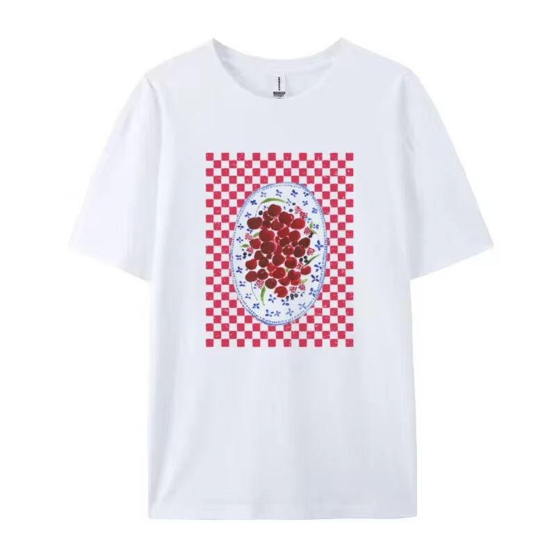 Trendy Female Retro Aesthetic Cherry Print T-shirt Summer Ins Cute Fruit Cotton Loose Women Fashion 