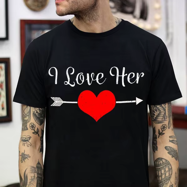 T-shirt col rond pour couple, estival et décontracté, avec I Love Him, King Queen, pour amoureux