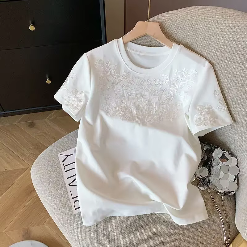 Femmes vêtements été mode Vintage broderie blanc coton basique t-shirt femme Simple décontracté col 