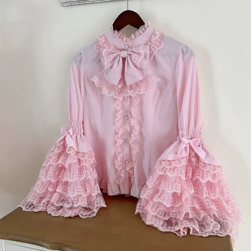 Chemisiers en dentelle Lolita blanche pour femmes, rose, élégant, esthétique, volants, manches princ