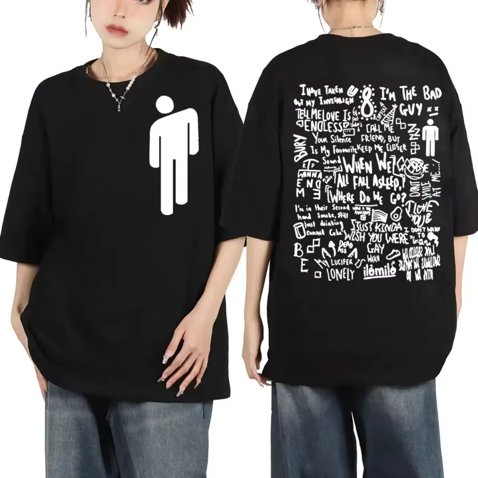 T-shirt à col rond avec icône Billie Eilish Collage lyrique Creative - Graphique inspiré avec pop ar