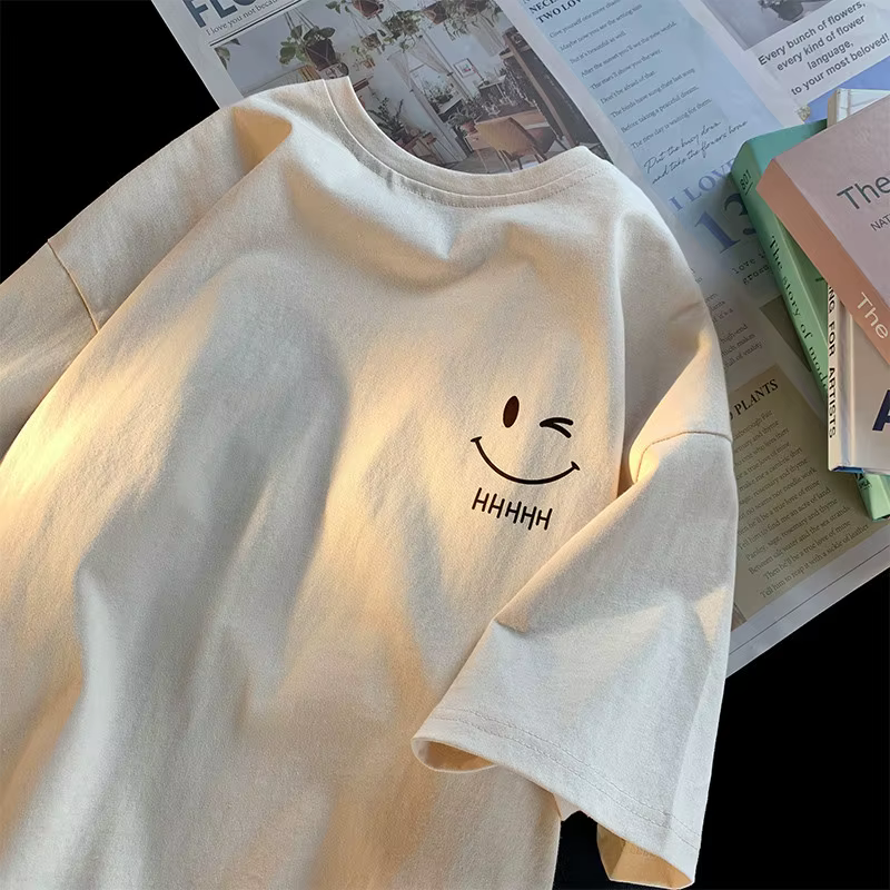 T-shirt à manches courtes pour hommes et femmes, visage souriant, drôle, mode Couple, basique améric