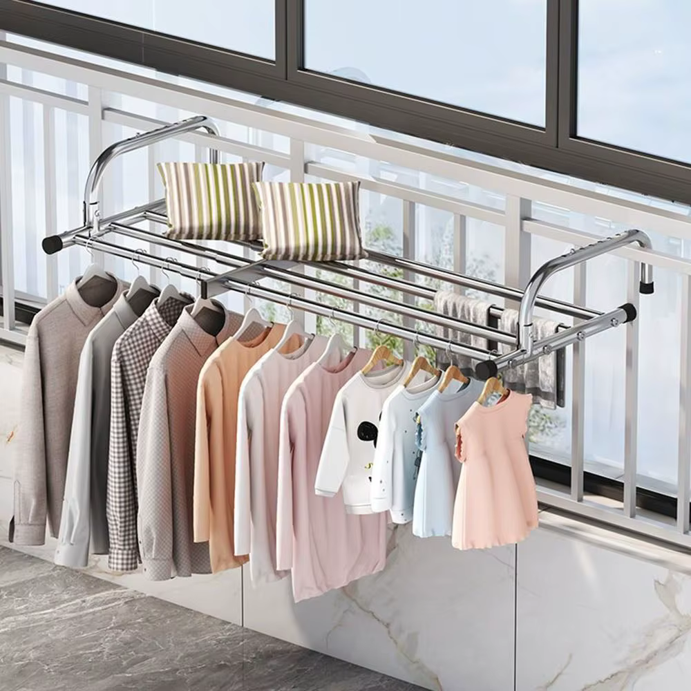 Étendoir à vêtements évolutif en acier inoxydable, Rail suspendu sur pied pour balcon, réglable 50-1