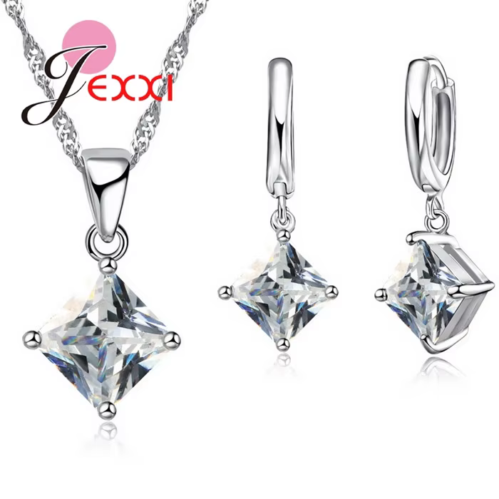Ensemble de bijoux en argent regardé 925 avec pendentif en cristal CZ pour femme, collier et boucles