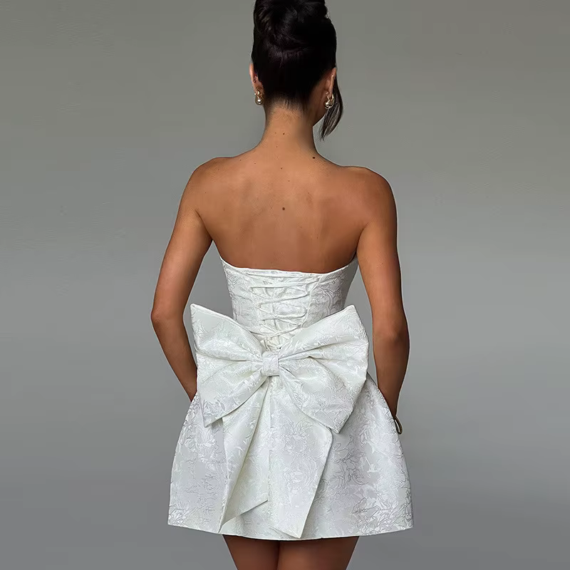 Robes à épaules nues femmes Sexy Jacquard robe trapèze dos à lacets avec grand nœud papillon été mod
