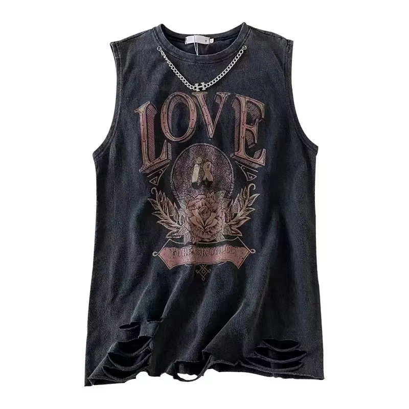 Harajuku Vintage en détresse lavé déchiré gilet T-shirt femmes été ample imprimé haut sans manches t