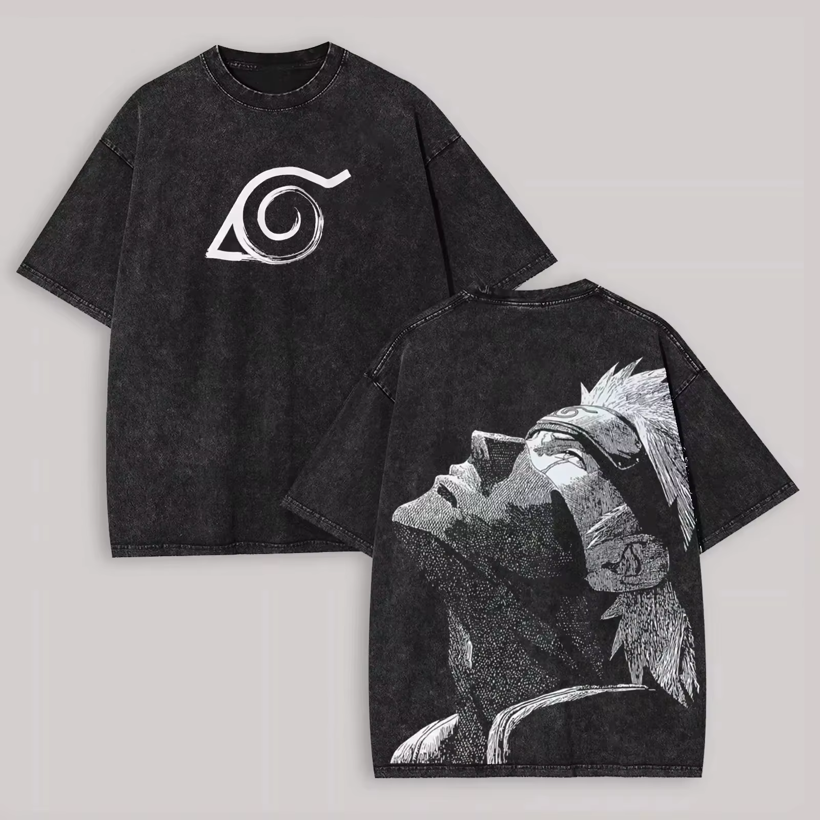 T-shirt Kakashi Hatake Naruto pour homme, imprimé au dos effet délavé, motif anime Konoha, streetwea