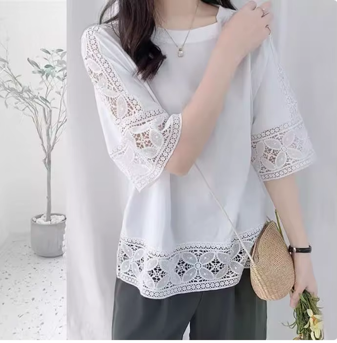 T-shirt amissié en dentelle pour femme, vêtement d'aviation, patchwork