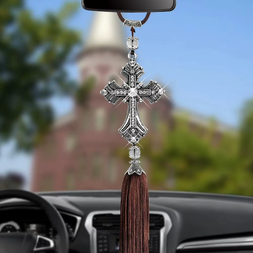 Métal et cristal diamant croix jésus chrétien Auto décoration voiture rétroviseur voiture pendentif 