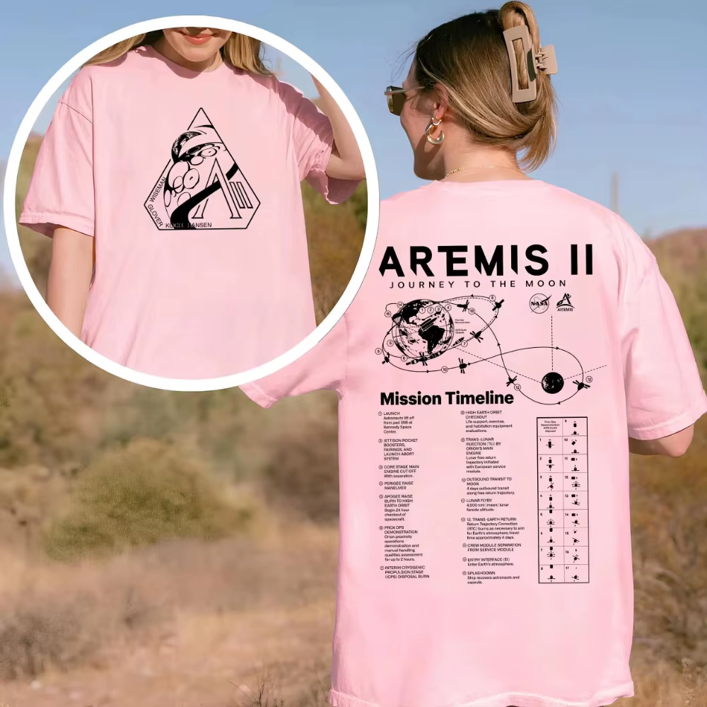 T-shirt spatial avec l'illustration de la chronologie de la mission lunaire Artemis 2, haut tendance
