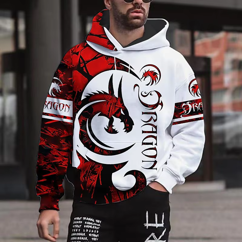 Sweat à capuche surdimensionné à manches longues pour hommes, impression graphique dragon 3D, chemis
