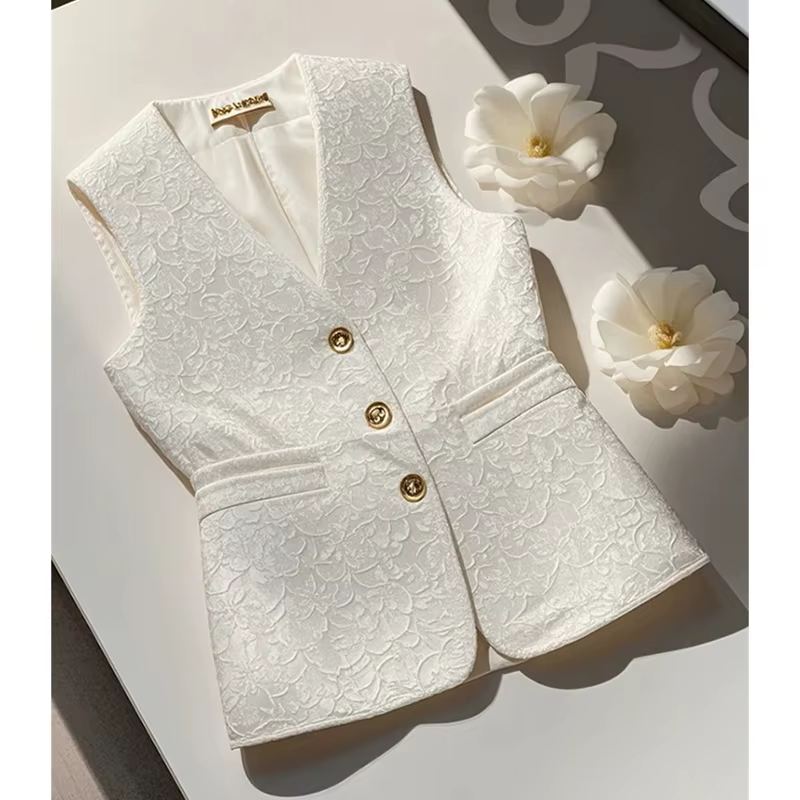 Gilet Jacquard blanc femme printemps haute qualité sans manches sens Super beau Unique beau tempéram