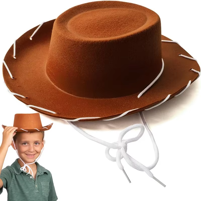 Chapeau de cowboy en feutre marron-rouge pour enfants, réglable, à large bord, style western, pour s