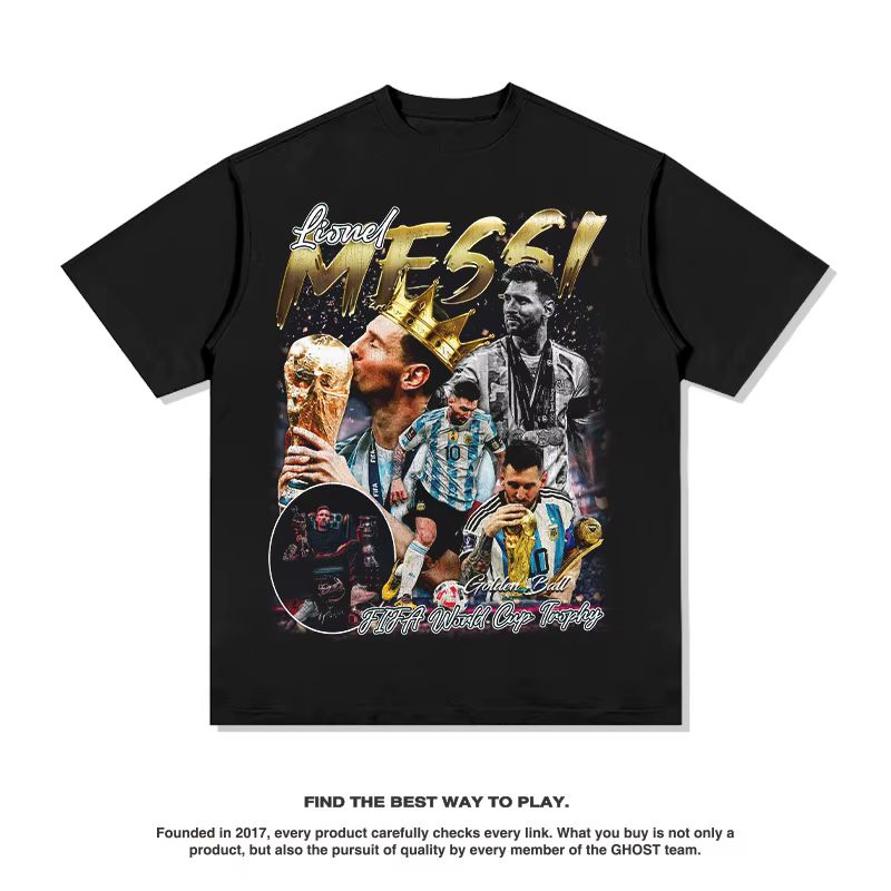 Messi argentine étoile américaine T-shirt rue Hip-hop marque à la mode rétro impression pur coton ma