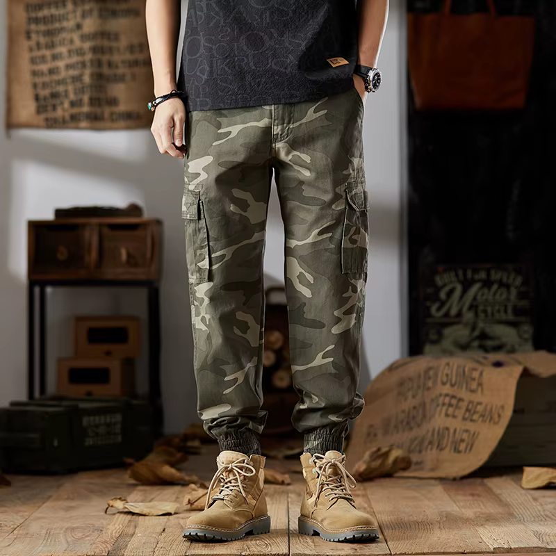Pantalon cargo camouflage pour homme, style harem ample, en pur coton, style vintage américain, pour