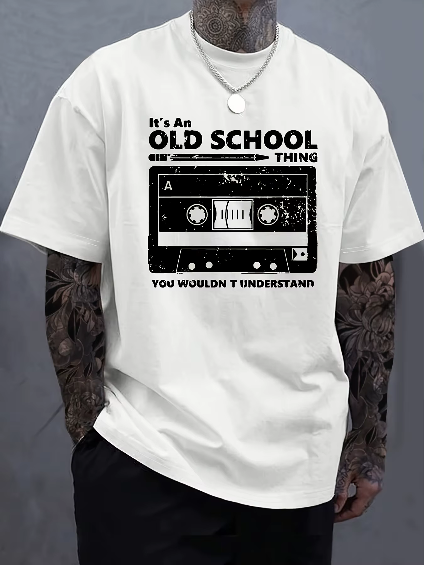 T-shirt blanc avec motif cassette old school, 100% coton, pour homme, s'accorde bien avec toutes les