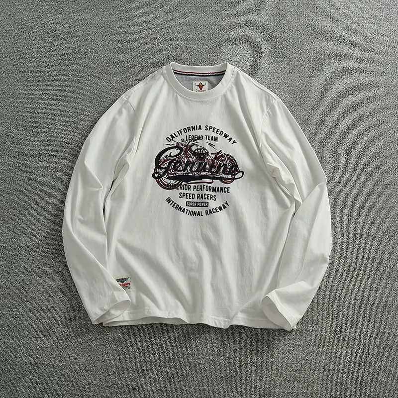 T-shirt à manches longues imprimé moto vintage pour hommes, pur coton, laine délavée au sol, pull à 