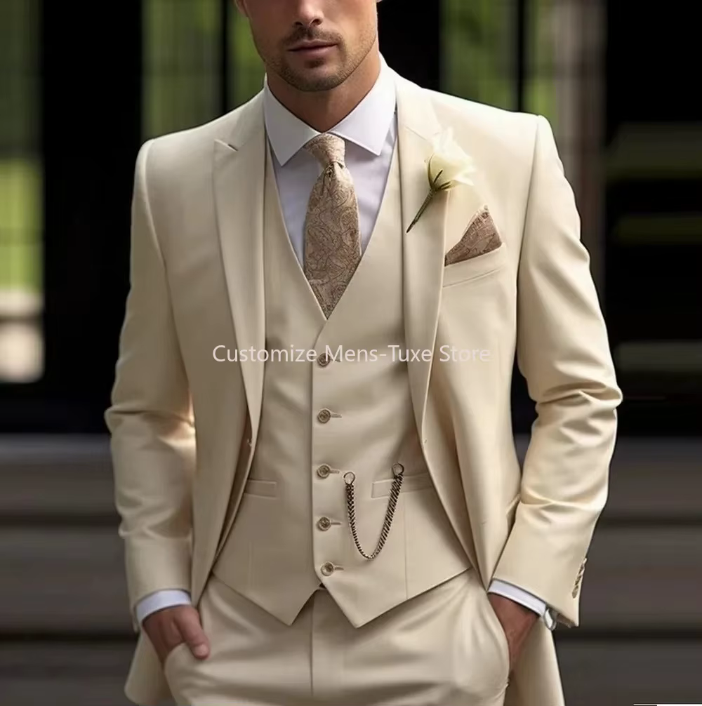 Nouveau costume Beige hommes d'affaires Tuxedos formel 3 pièces ensemble veste gilet pantalon simple