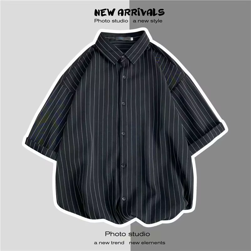 Chemise à manches mi-longues à rayures verticales vintage japonaises pour hommes, chemise surdimensi