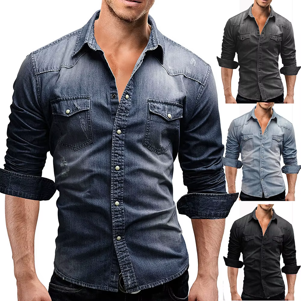 Chemise en denim élastique en coton pour hommes, manches longues, chemises de cow-boy de qualité pou