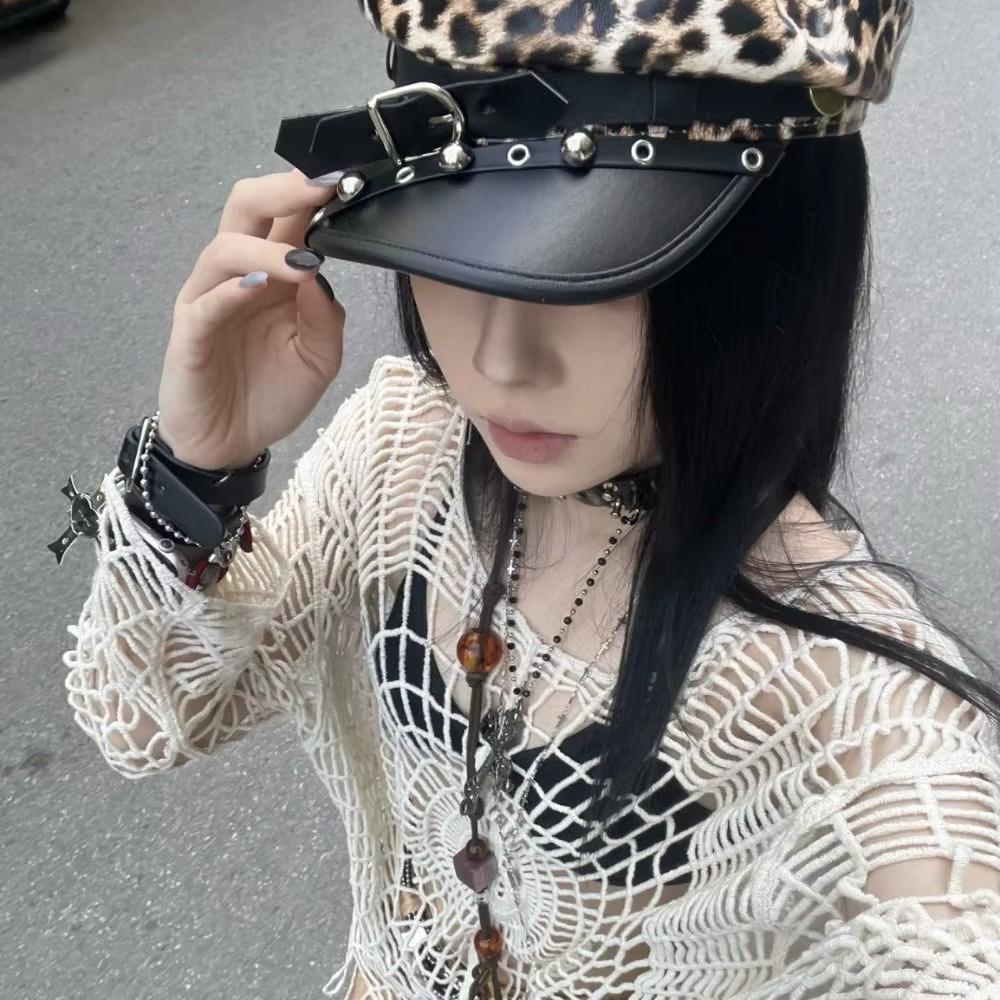 Chapeau Rétro Punk Harajuku Y2K en Cuir PU à Rivets Léopard, Béret Gothique à Calotte Plate pour Fem