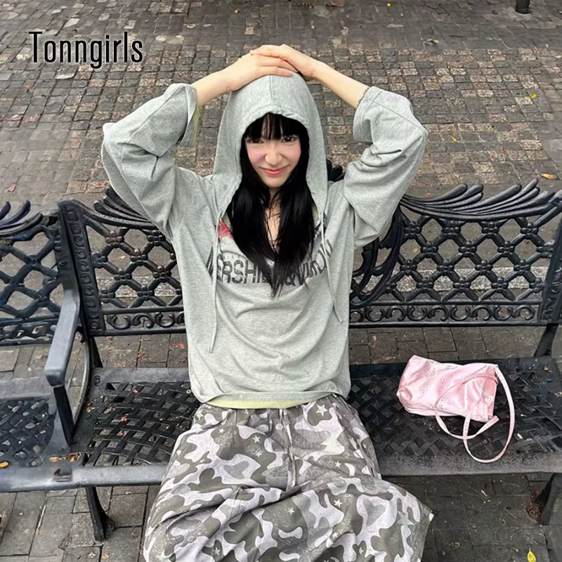 Tonngirls Y2k Vintage T-shirt femmes décontracté ample imprimé graphique hauts à capuche japonais an