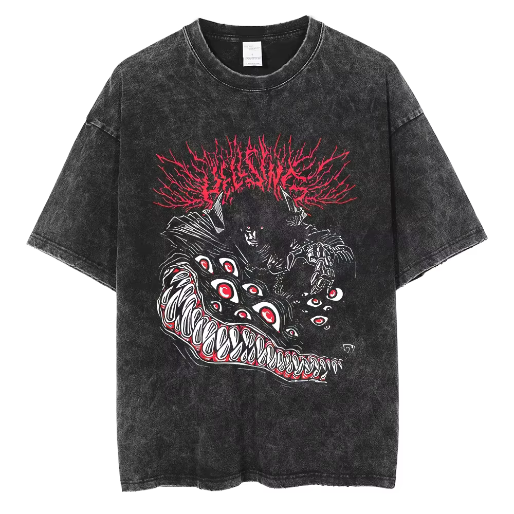 T-shirt graphique Hellsing Alucard, style vintage délavé, esthétique Harajuku, streetwear unisexe, c