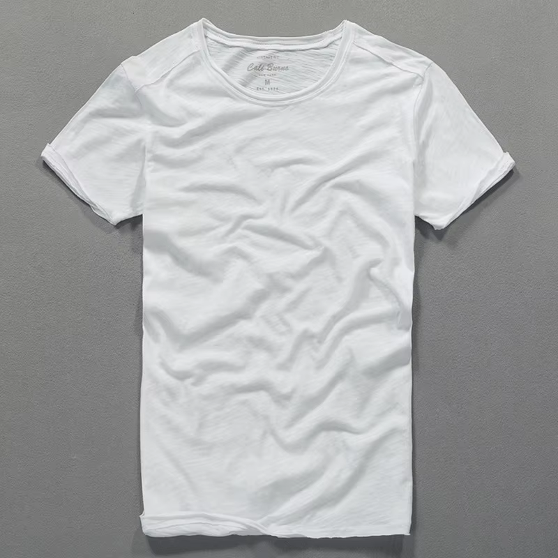 T-shirt col rond pour hommes en coton flammé en détresse mode d'été mince décontracté couleur unie c