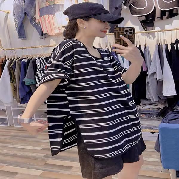 T-shirt rayé à manches courtes pour femmes, produits européens avec Niche, fente ample, haut à manch