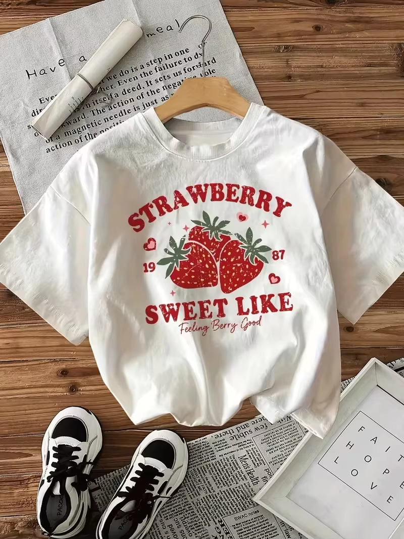 T-shirt vintage à motif fraise pour femme, haut décontracté à col rond et manches courtes avec impri