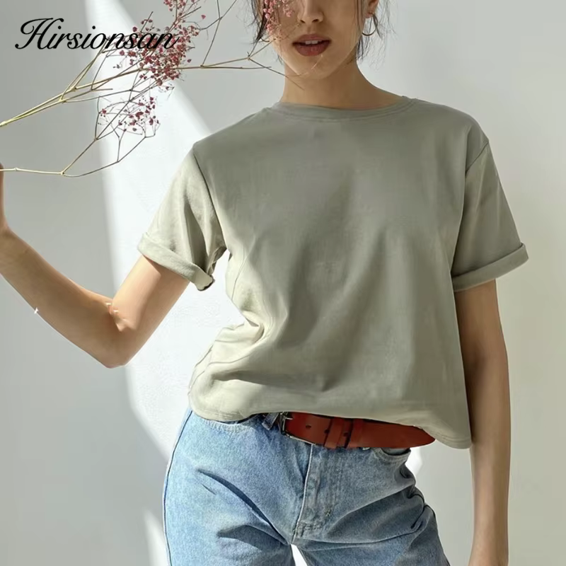 Hirsionsan – t-shirt surdimensionné 100% coton pour femme, basique, ample, à manches courtes, doux, 