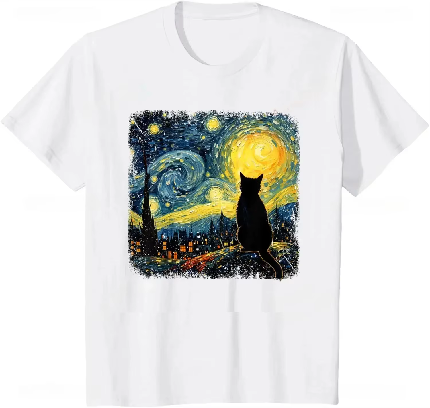 T-shirt pour femme motif Chat Nuit étoilée Van Gogh, pour les amoureux des chats, style décontracté 
