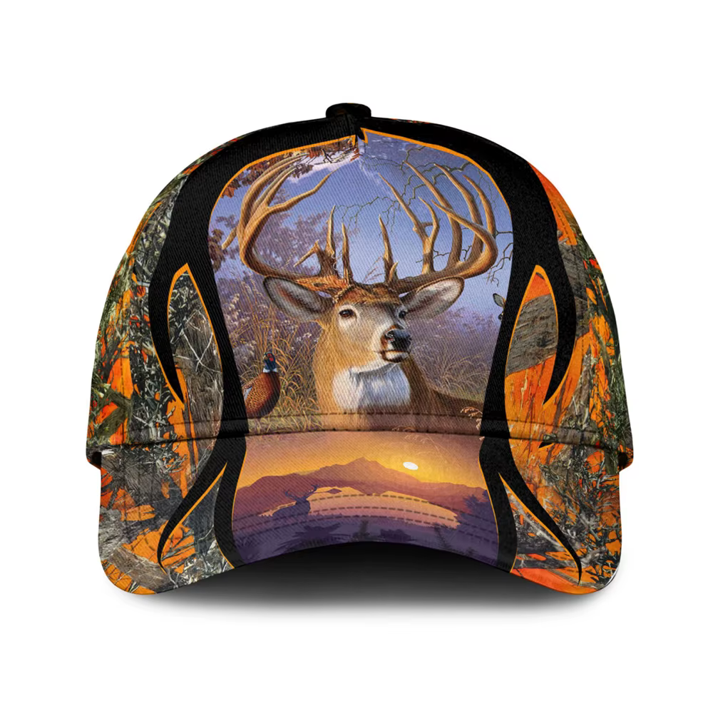 Casquette de baseball camouflage orange avec énorme cerf et coucher de soleil imprimé flammes vibran