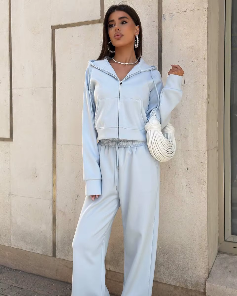 Costume de sport de loisirs, couleur unie, manches longues, fermeture éclair, manteau à capuche, pan
