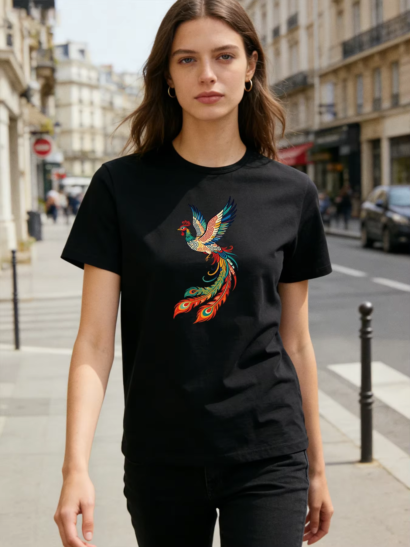 T-shirt vert pour femmes, imprimé phénix coloré, décontracté, à manches courtes, col rond, hauts d'é