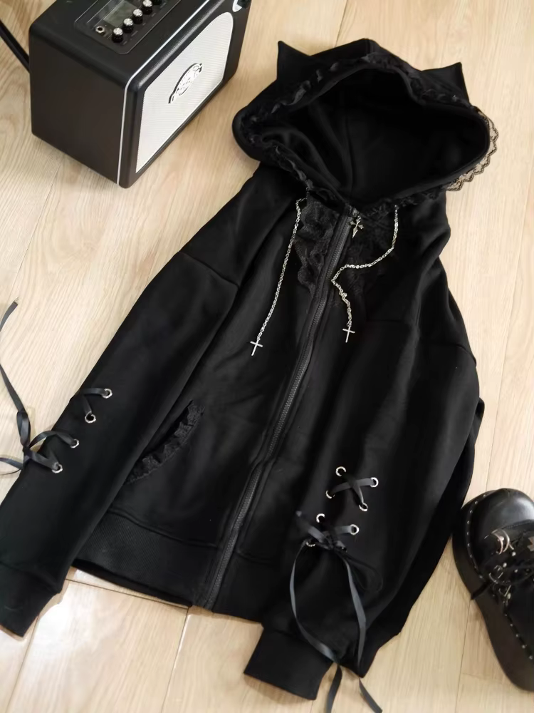 Sweat à capuche ample en dentelle noire pour femme, sous-culture gothique, esthétique, joli manteau 