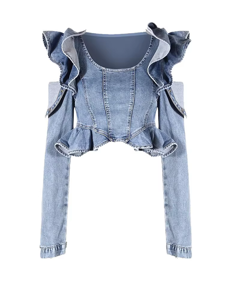 [EAM] Nouvelle Blouse Courte Élégante en Jean Bleu à Volants pour Femme, Col Rond, Manches Longues, 
