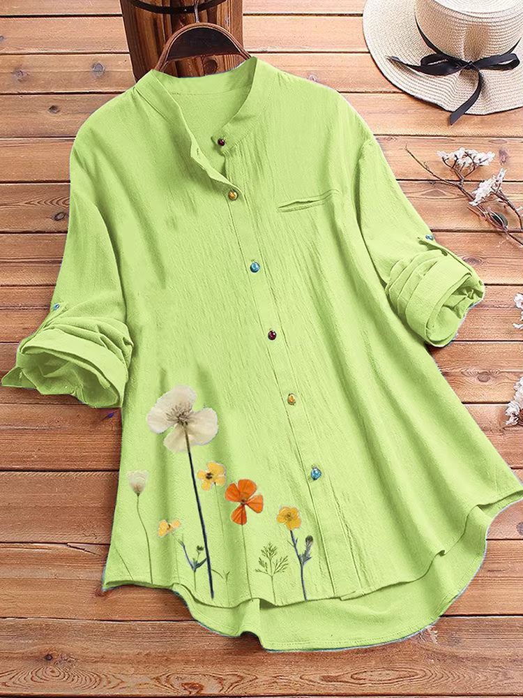 Chemise boutonnée à col rond pour femmes, classique, manches longues, mode, motif Floral, chemise de