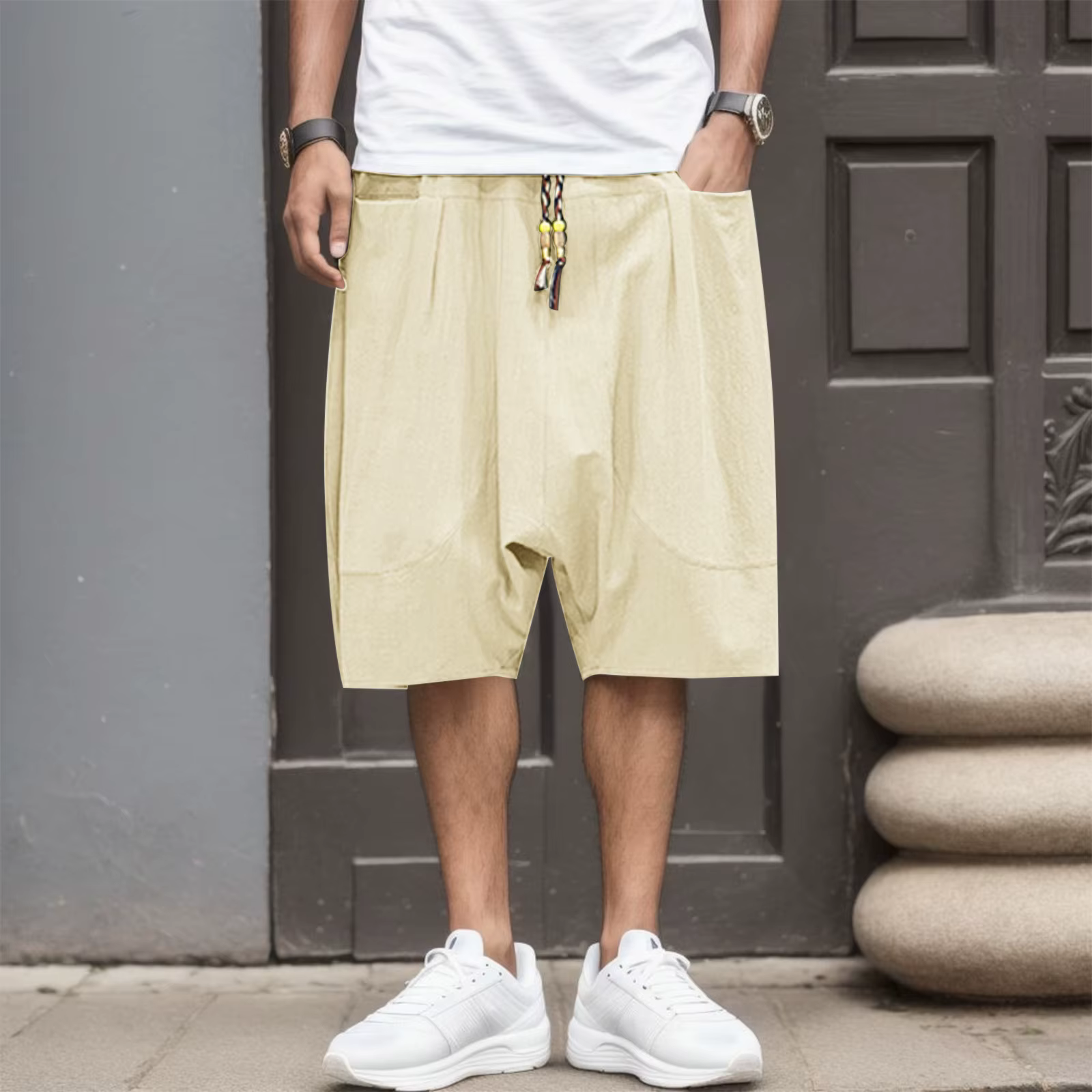 Pantalon de survêtement décontracté pour hommes, court en coton, ample, entrejambe bas, sarouel, de 