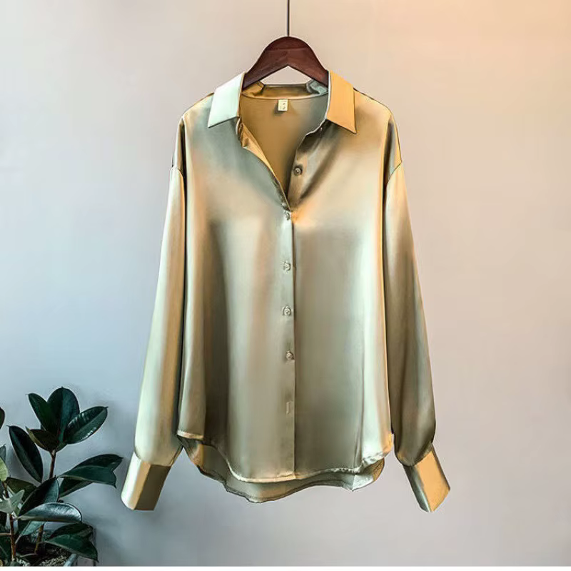 Femmes Chemise En Soie 2023 Nouvelle Mode Vintage Solide Boutonné Manches Longues Chemisier Hauts Fe
