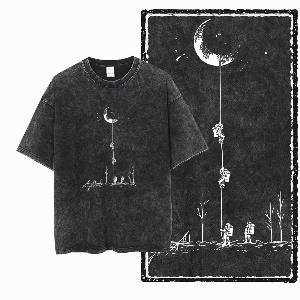T-shirt unisexe en coton lavé imprimé sur le thème de l'espace, style streetwear cool, coupe ample e