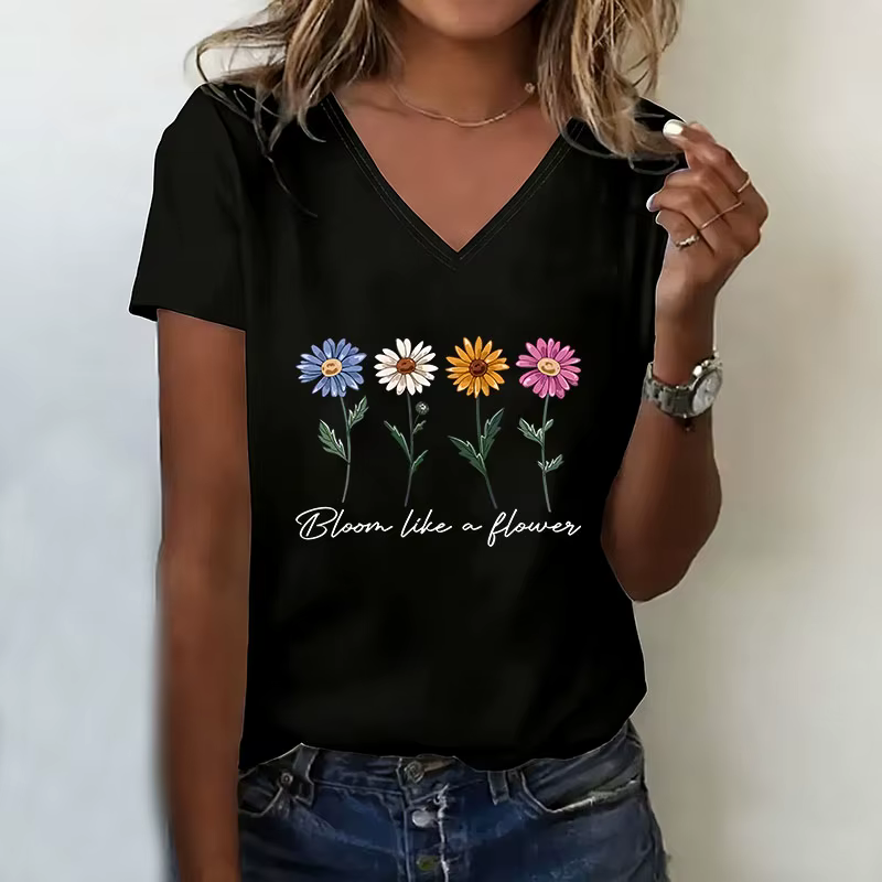 T-shirt tendance à fleurs, col en V, mode décontractée, t-shirts imprimés floraux Y2k, t-shirts à ma