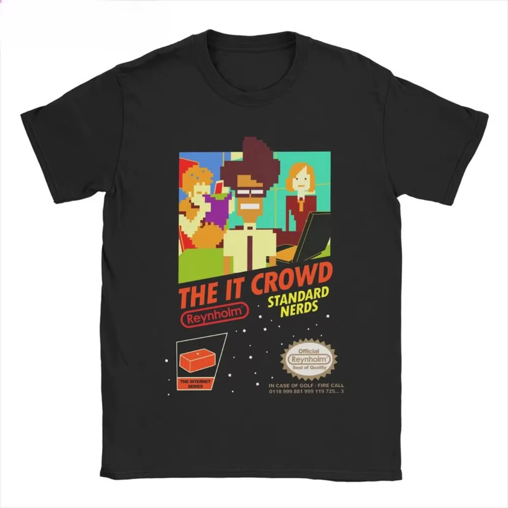 T-shirt noir avec impression The IT Crowd, design graphique rétro NES 8 bits, jeu vidéo vintage des 