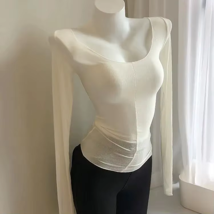 T-shirt élégant et tendance à col rond, coupe ajustée, manches longues, couleur unie, pour femme, qu