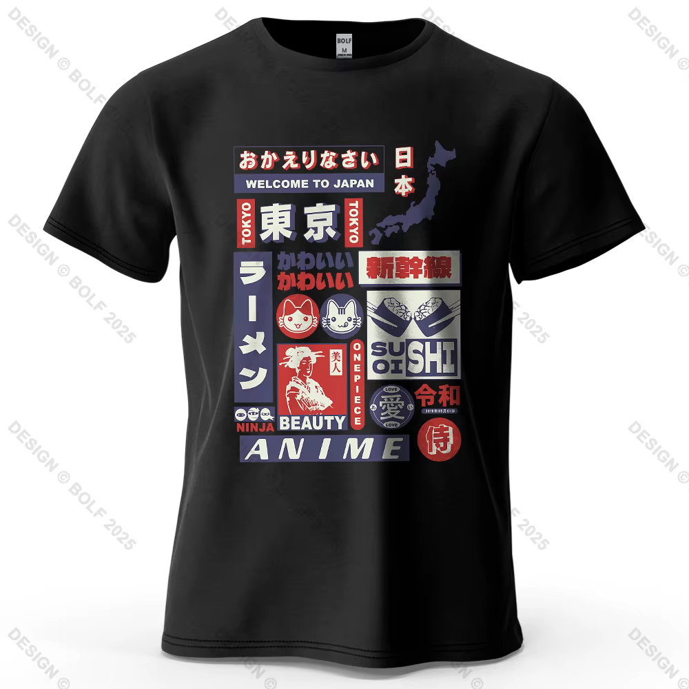Tokyo Culture imprimé hommes T-Shirt 100% coton surdimensionné rétro japonais graphique t-shirts pou