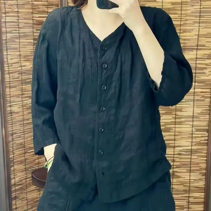 Chemise en lin à col en V et manches 3/4, chemisier décontracté à boutons, coupe ample, haut en lin 