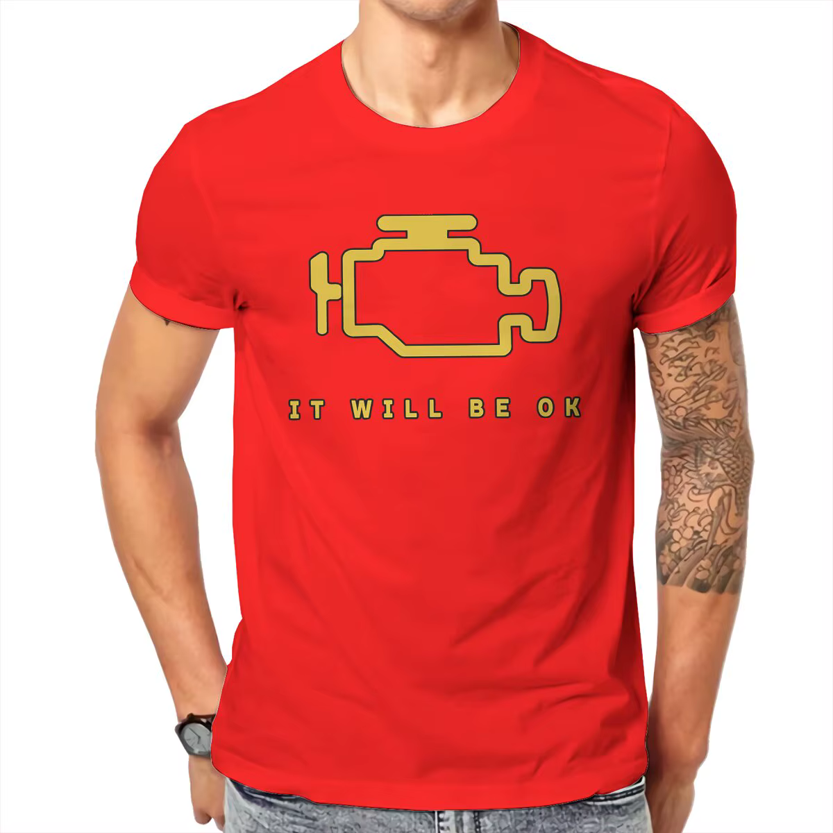 T-shirt à manches courtes pour hommes, en coton, à col rond, avec lumière de moteur, mécanique, répa