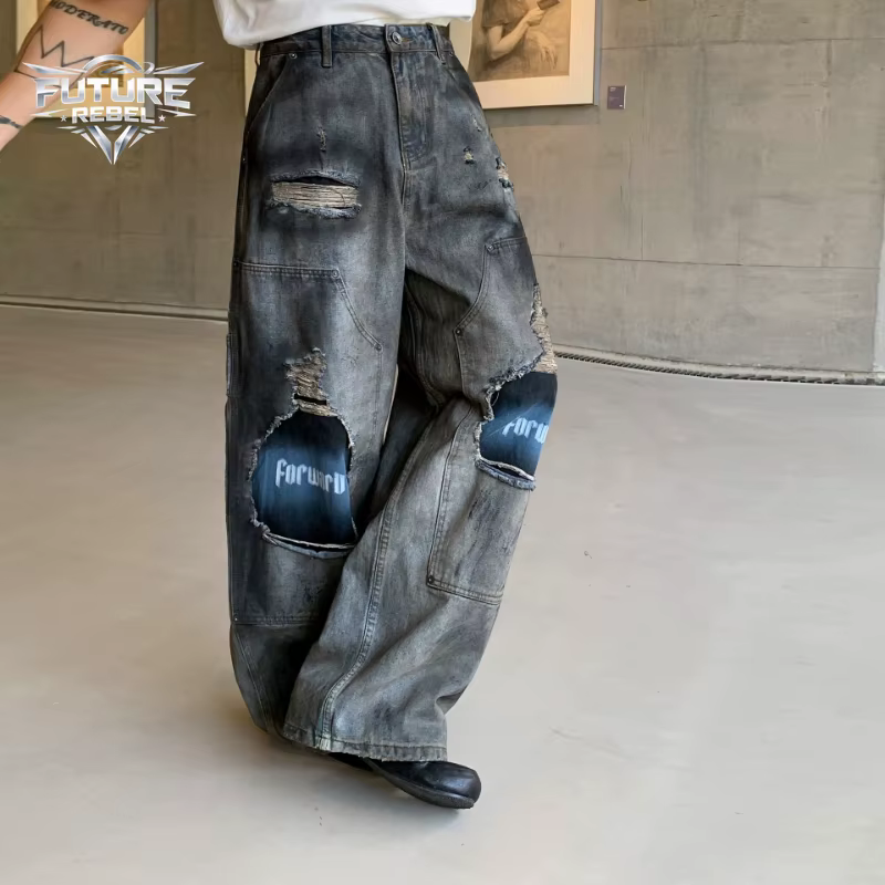 Jeans streetwear vintage américains, amples, style hip-hop, délavés, déchirés, tendance gothique Y2K